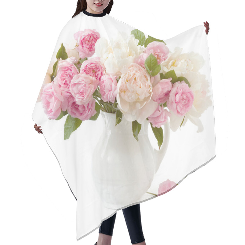 Personality  Rich Bunch Of Peonies And Tea Roses In Vase Isolated On White Hair Cutting Cape