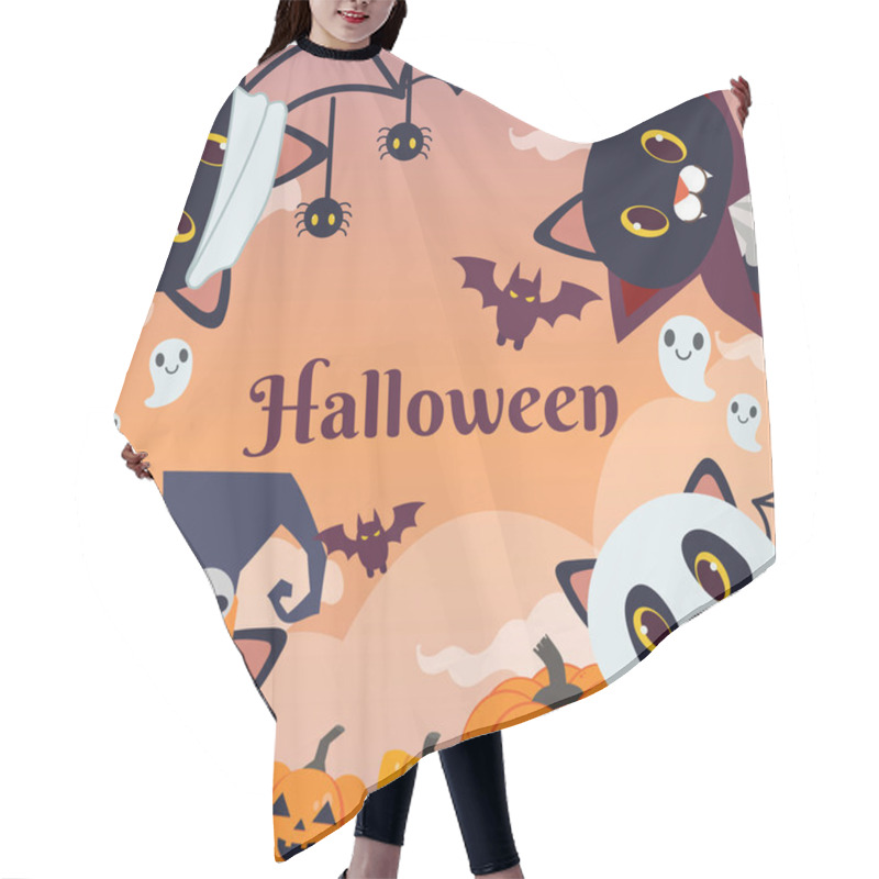 Personality  The Halloween Party For Friend Group Of Black Cat Wear Fantasy Costume. The Black Cat As Witch And Big Hat With Skull. And As White Ghost And As Vampire.The Cat As Mummy. In Flat Vector Style Hair Cutting Cape