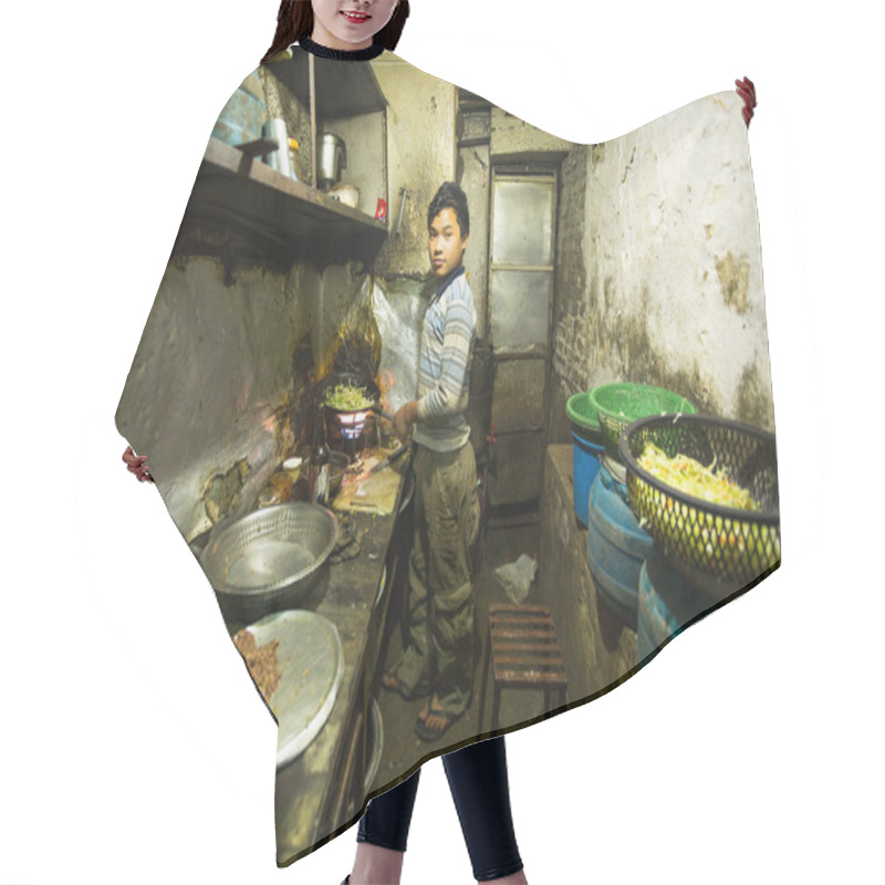 Personality  Unidentified Boy From Poorer Area Working In The Kitchen Dining Room Hair Cutting Cape