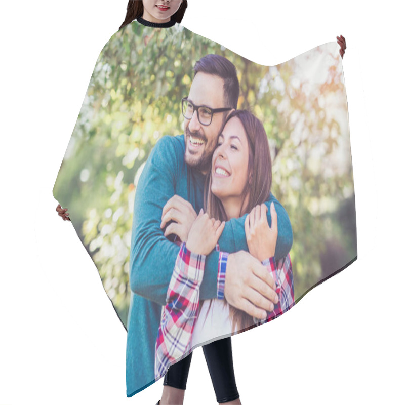 Personality  Happy Couple In Love Having Fun Outdoors And Smiling. Hair Cutting Cape