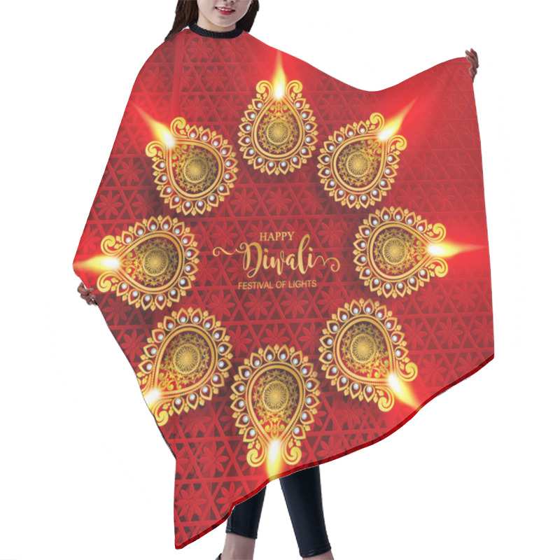 Personality  Happy Diwali Festival Card With Gold Diya Patterned And Crystals On Paper Color Background. Hair Cutting Cape