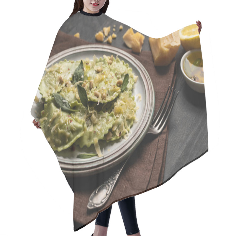 Personality  Delicious Green Ravioli With Sage, Cheese And Pine Nuts Served On Black Wooden Table With Fork, Lemon And Napkin Hair Cutting Cape