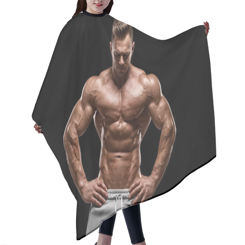 Personality  Muscular Man Showing Muscles Isolated On The Black Background. Strong Male Naked Torso Abs Hair Cutting Cape