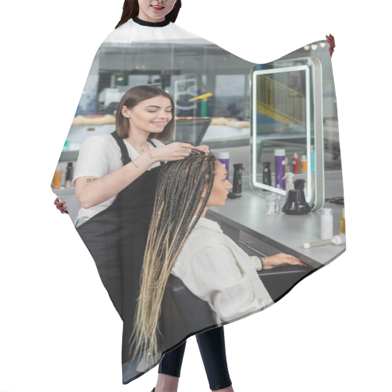 Personality  Beauty Industry, Braids, Happy Hairdresser Braiding Hair Of Woman In Salon, Braiding Process, Salon Customer, Beauty Profession, Client Satisfaction, Hair Fashion, Hairdo, Tattooed  Hair Cutting Cape