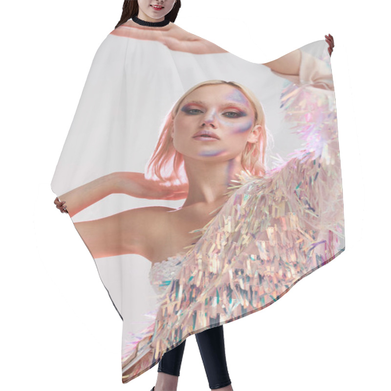 Personality  A Young Woman Flaunts Vibrant Holographic Attire With An Expressive Pose. Hair Cutting Cape