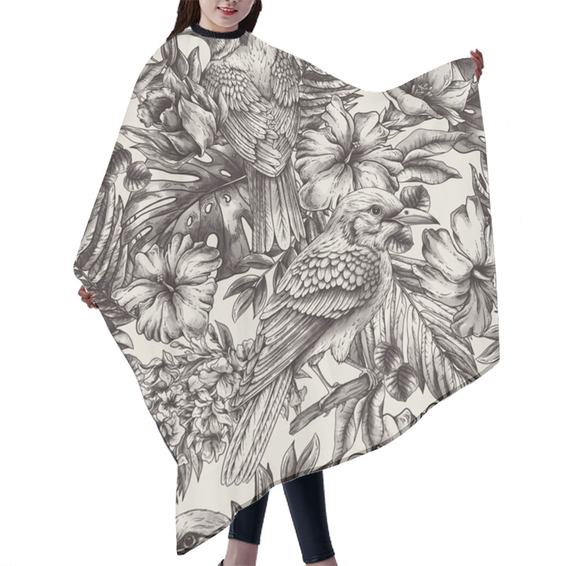 Personality  Vintage Monochrome Tropical Seamless Pattern With Fantasy Bird, Leaves And Flowers, Classic Natural Wallpaper Hair Cutting Cape