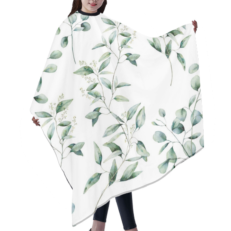 Personality  Watercolor Different Eucalyptus Seamless Pattern On White Background. Hand Painted Isolated Eucalyptus Branch And Leaves. Floral Illustration For Design, Print, Fabric Or Background. Hair Cutting Cape