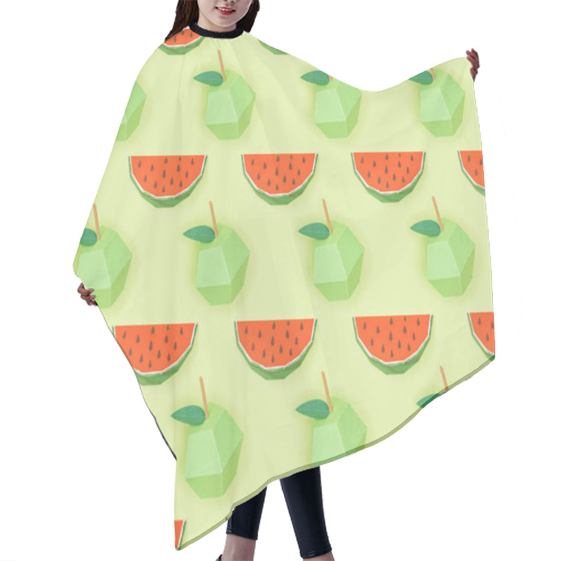 Personality  Top View Of Textured Pattern With Handmade Cardboard Apples And Watermelon Slices Isolated On Green Hair Cutting Cape