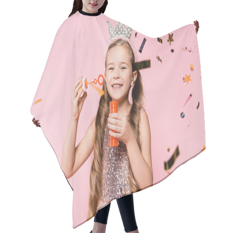 Personality  Happy Little Girl In Crown Holding Soap Bubbles Near Falling Confetti On Pink  Hair Cutting Cape