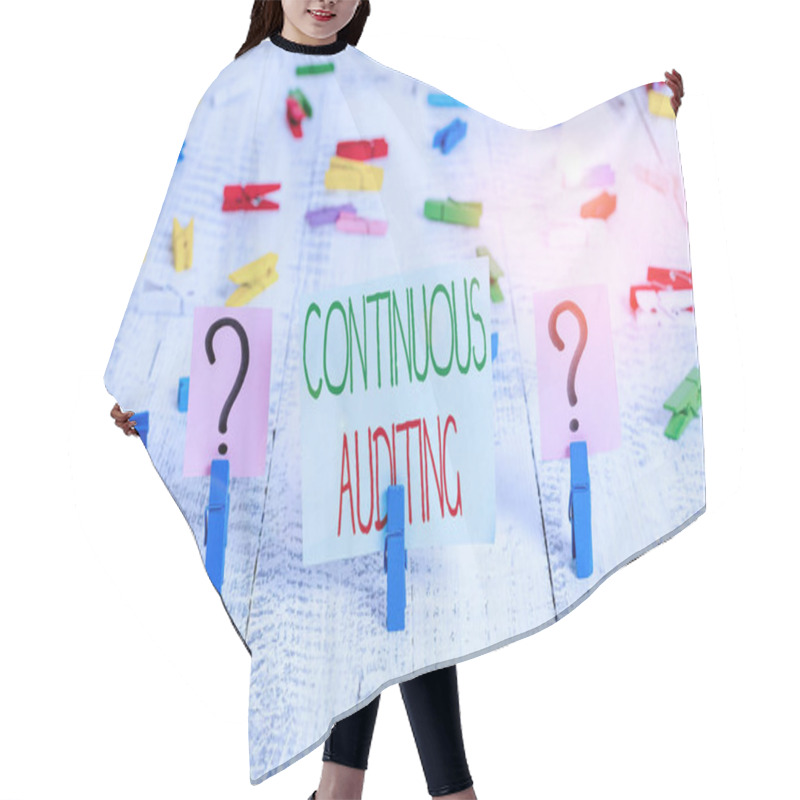 Personality  Text Sign Showing Continuous Auditing. Conceptual Photo Internal Process That Examines Accounting Practices Scribbled And Crumbling Sheet With Paper Clips Placed On The Wooden Table. Hair Cutting Cape