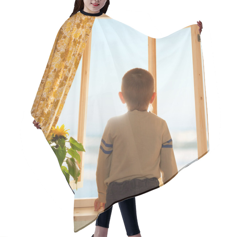 Personality  Child Looking Through Open Window Wooden Sea Sky View Hair Cutting Cape