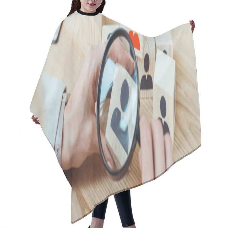 Personality  Panoramic Shot Of Recruiter Holding Magnifier Near Wooden Cube  Hair Cutting Cape