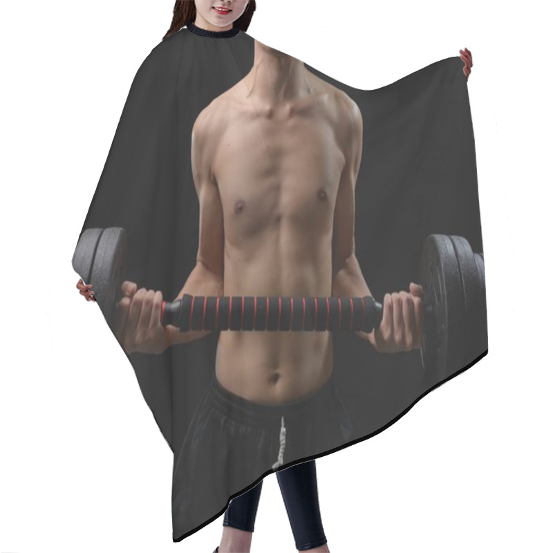 Personality  A Focused Male Figure Showcases Strength And Determination By Lifting Heavy Dumbbells In A Dark Environment, Emphasizing Fitness And Physical Health. Hair Cutting Cape