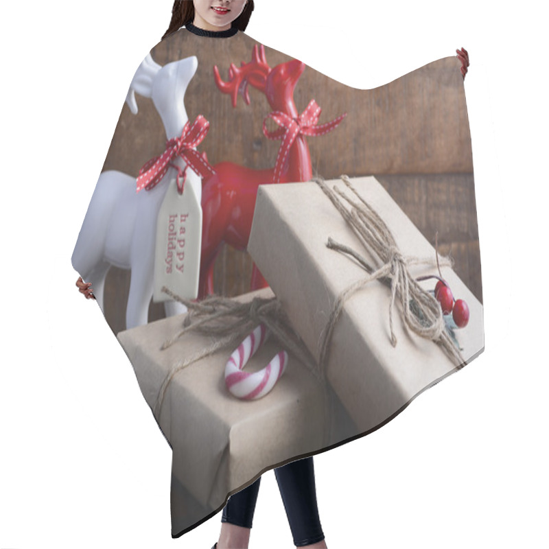 Personality  Red And White Reindeer Ornaments With Gifts.  Hair Cutting Cape