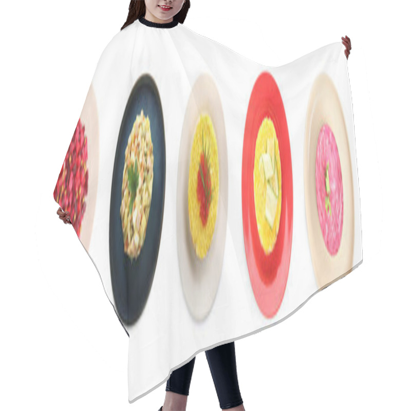 Personality  Set Of Traditional Russian Salads On White Background, Top View. Banner Design Hair Cutting Cape