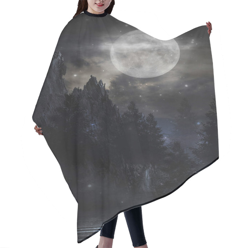 Personality  Futuristic Night Landscape With Abstract Forest Landscape. Dark Natural Forest Scene With Reflection Of Moonlight In The Water, Neon Blue Light. Dark Neon Circle Background, Dark Forest, Deer, Island. Hair Cutting Cape