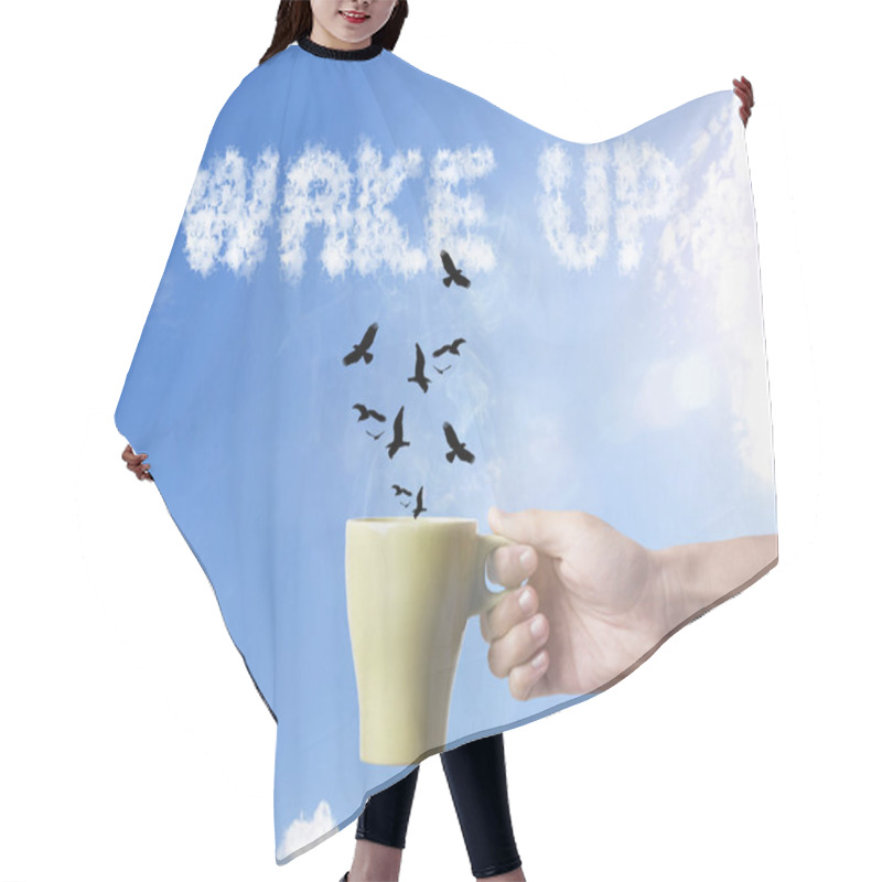 Personality  Hand Holding Green Coffee Cup With Bird And Wake Up Text On Sky  Hair Cutting Cape