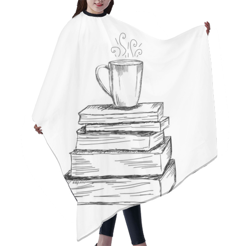 Personality  Hand Drawn Illustration Of Books And Cup Of Coffee  In Sketch Style.  Hair Cutting Cape