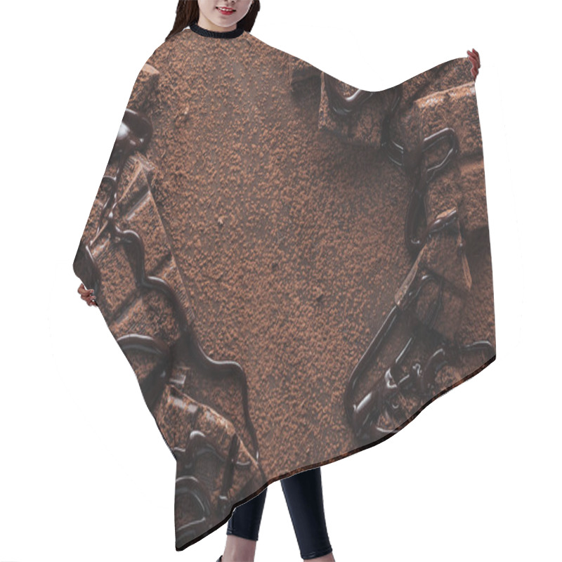 Personality  Top View Of Pieces Of Chocolate With Liquid Chocolate And Cocoa Powder On Metal Background Hair Cutting Cape