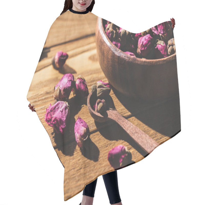 Personality  Dried Rose Buds In Wooden Bowl And Spoon On Wooden Table Hair Cutting Cape