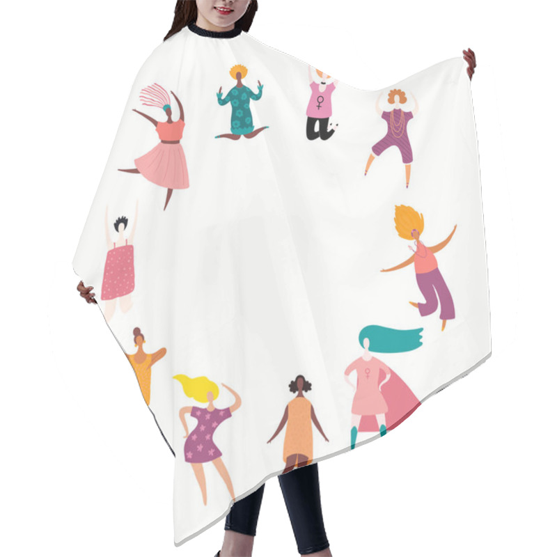 Personality  Round Frame With Diverse Women Dancing, Jumping, Superheroes, Vector Illustration, Concept For Feminism And Women Day  Hair Cutting Cape