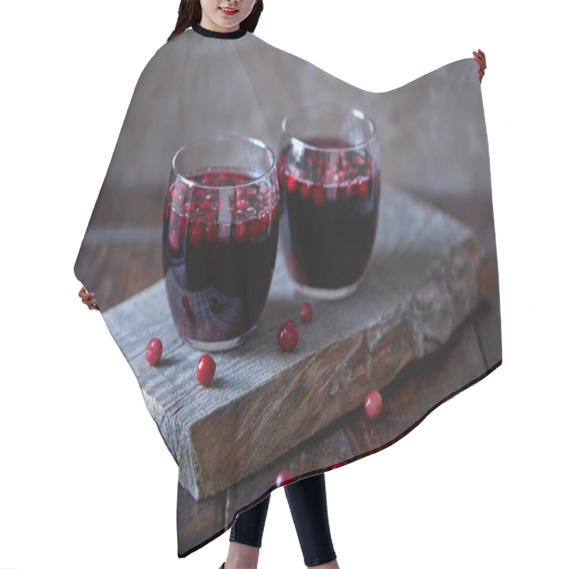 Personality  Two Glasses Of Tasty Mulled Wine With Cranberries On Wooden Stand In Kitchen Hair Cutting Cape