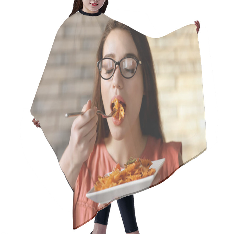 Personality  Young Woman Eating Delicious Pasta Indoors Hair Cutting Cape