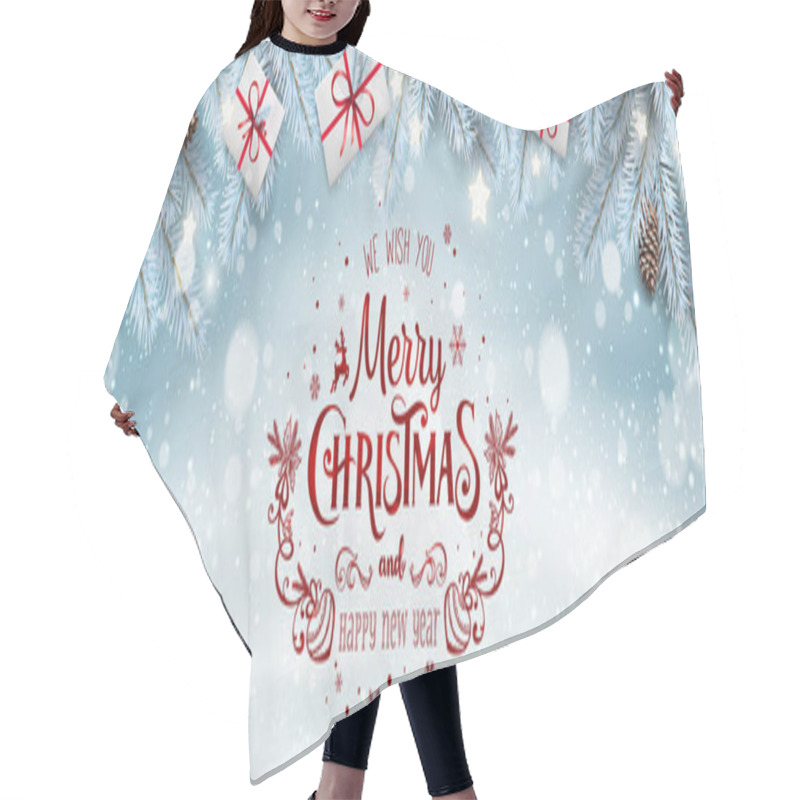 Personality  Merry Christmas And New Year Text On White Snowy Background With Silver Frozen Fir Branches, Gift Boxes, Pine Cones, Snowflakes. Xmas  And New Year Theme. Vector Illustration Hair Cutting Cape