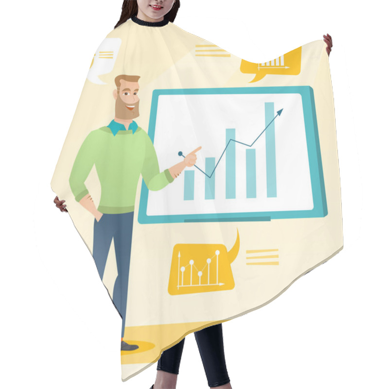 Personality  Businessman Presenting Review Of Financial Data. Hair Cutting Cape