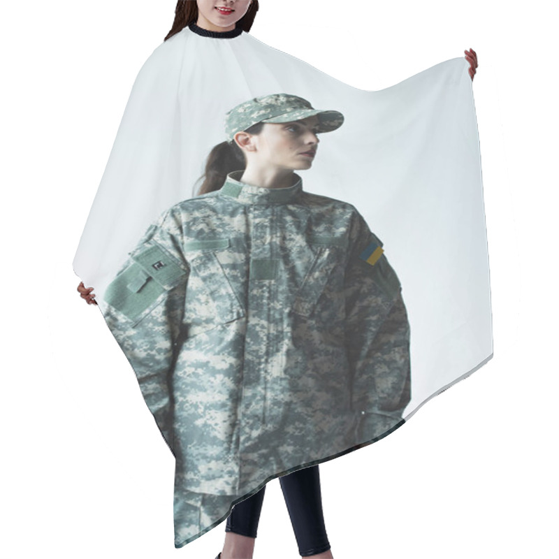 Personality  Military Woman With Ukrainian Chevron Looking Away Isolated On Grey Hair Cutting Cape