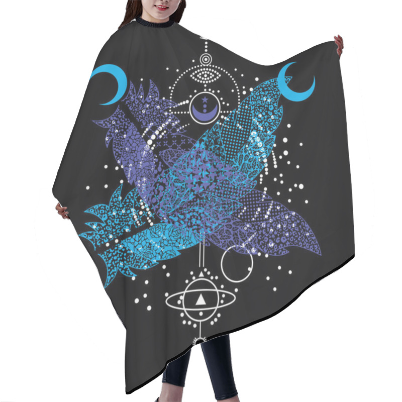 Personality  T-shirt Design Of Two Abstract Blue And Violet Feathers Crossed On A Geometric Image On A Black Background. Hair Cutting Cape