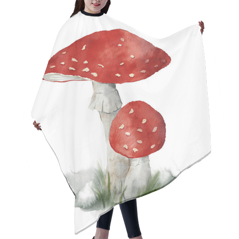 Personality  Watercolor Mushrooms Card Of Fly Agaric. Hand Painted Plant Isolated On White Background. Botanical Forest Illustration For Design, Print, Fabric Or Background. Hair Cutting Cape