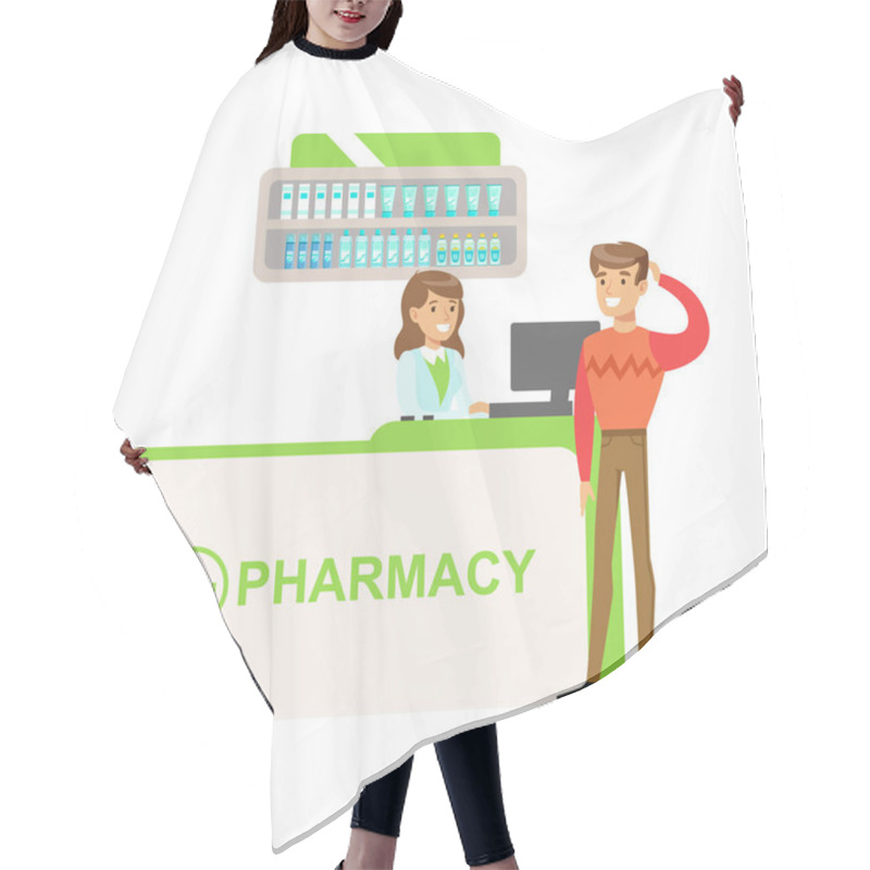 Personality  Man In Sweater In Pharmacy Choosing And Buying Drugs And Cosmetics, Part Of Set Of Drugstore Scenes With Pharmacists And Clients Hair Cutting Cape