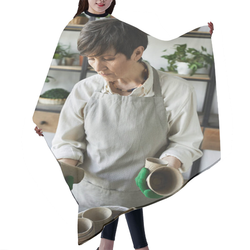 Personality  A Gardener Lovingly Tends To Her Plants In A Tranquil Studio. Hair Cutting Cape