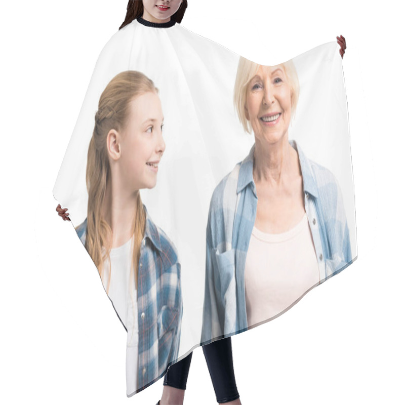 Personality  Portrait Of Grandmother And Granddaughter  Hair Cutting Cape