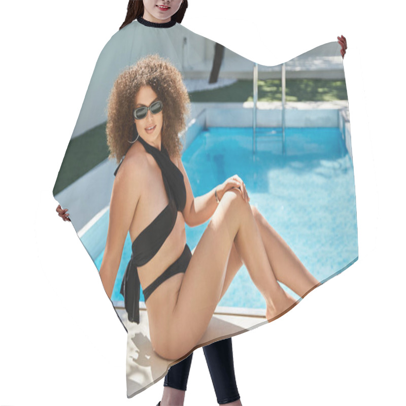 Personality  A Woman With Beautiful Curls Relaxes By The Pool In A Black Swimsuit, Enjoying A Sunny Summer Day. Hair Cutting Cape