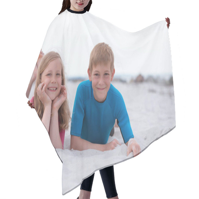 Personality  Portrait Of Two Happy Children In Neoprene Swimsuits Playing On  Hair Cutting Cape