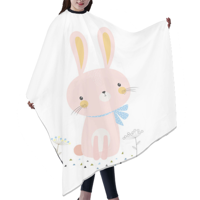 Personality  Cute Rabbit With Bow Isolated On White Background With Flowers, Print For Any Design, Happy Easter Bunny Vector Illustration, Funny Rabbit Cartoon Character, Greeting Card Hair Cutting Cape