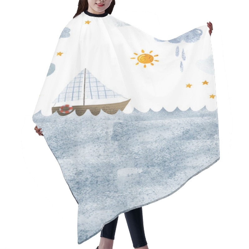 Personality  Vertical Illustration With Cute Wooden Yacht, River Travel. Rest. Seascape With Waves, Sky With Clouds, Stars And Sun. Children's Landscape. Oceania. Isolated Illustration Hair Cutting Cape