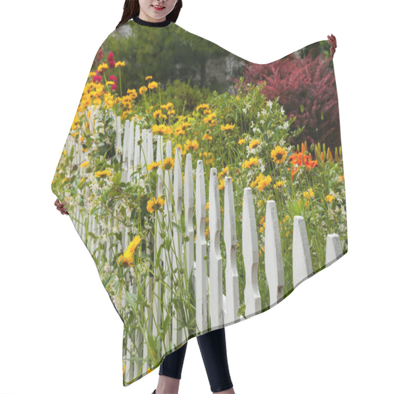 Personality  Wild Flowers Growing Over White Picket Fence Hair Cutting Cape