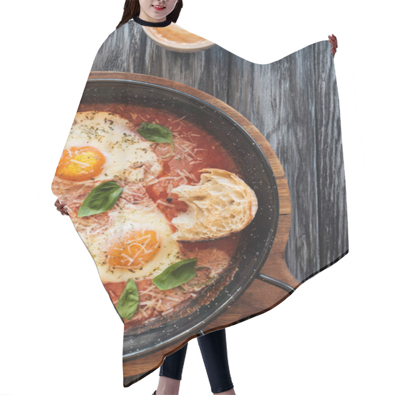 Personality  Top View Of Delicious Fried Eggs In Pan And Cup Of Coffee On Wooden Table Hair Cutting Cape