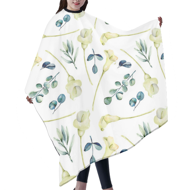 Personality  Watercolor White Callas Flowers And Eucalyptus Branches Seamless Pattern, Hand Painted On A White Background Hair Cutting Cape