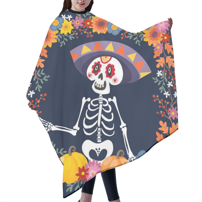 Personality  Dia De Los Muertos Greeting Card, Invitation. Mexican Day Of The Dead. Ornamental Skull, Skeleton With Sombrero Hat, Pumpkins And Flowers. Hand Drawn Vector Illustration, Background. Floral Frame. Hair Cutting Cape