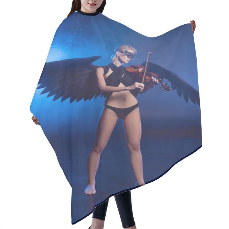 Personality  Beautiful Sexy Woman With Lace Mask And Black Angel Wings Playing Violin On Dark Blue Background Hair Cutting Cape