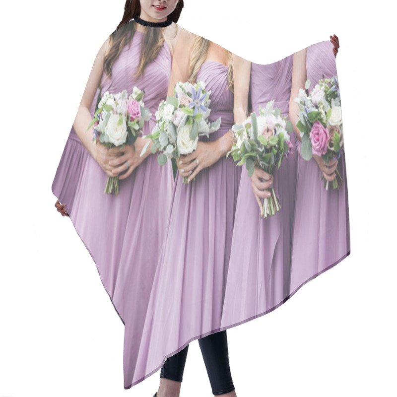 Personality  Bridesmaids In Pink And Vioilet Dresses Holding Floral Arrangements. CLose Up Of Bridal Party With Bouquets. Hair Cutting Cape