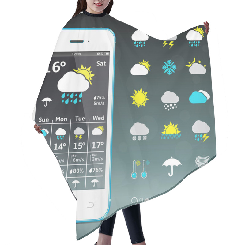 Personality  Realistic Mobile Phone With Weather Forecast Widget And Icons Hair Cutting Cape