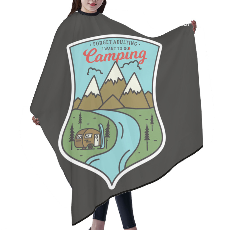 Personality  Mountain Camping Sticker Design. Travel Hand Drawn Logo Emblem. RV Adventure Label Illustration. Stock Vector Graphics Hair Cutting Cape