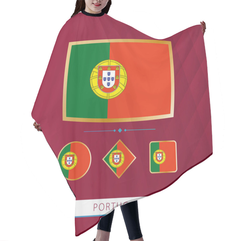 Personality  Set Of Portugal Flags With Gold Frame For Use At Sporting Events On A Burgundy Abstract Background. Hair Cutting Cape