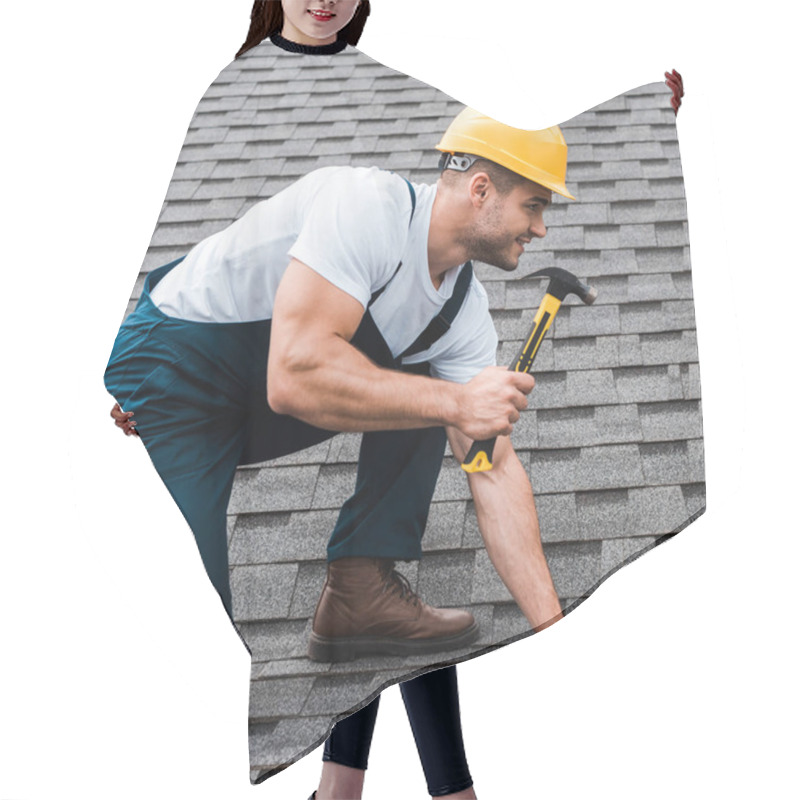 Personality  Repairman In Helmet Holding Hammer While Repairing Roof In House  Hair Cutting Cape