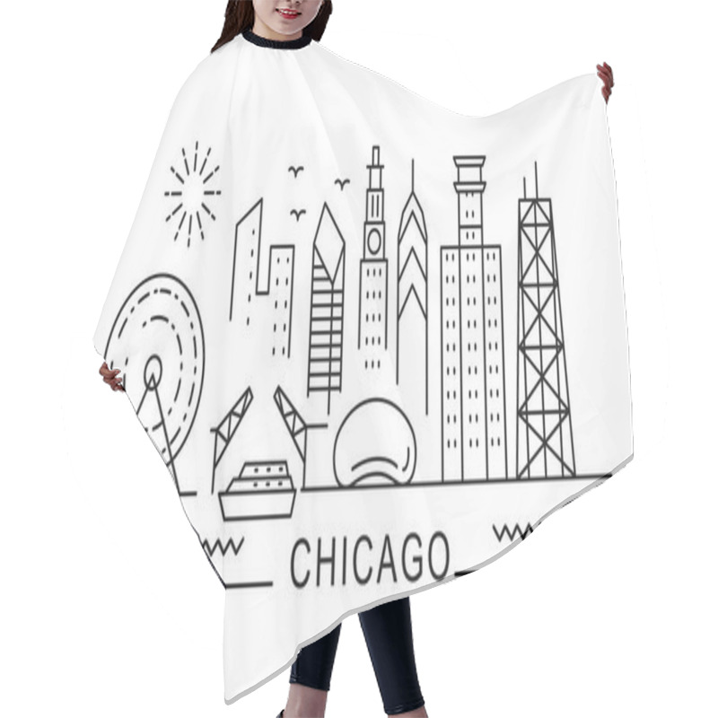 Personality  Chicago Minimal Style City Outline Skyline With Typographic. Vector Cityscape With Famous Landmarks. Illustration For Prints On Bags, Posters, Cards.  Hair Cutting Cape